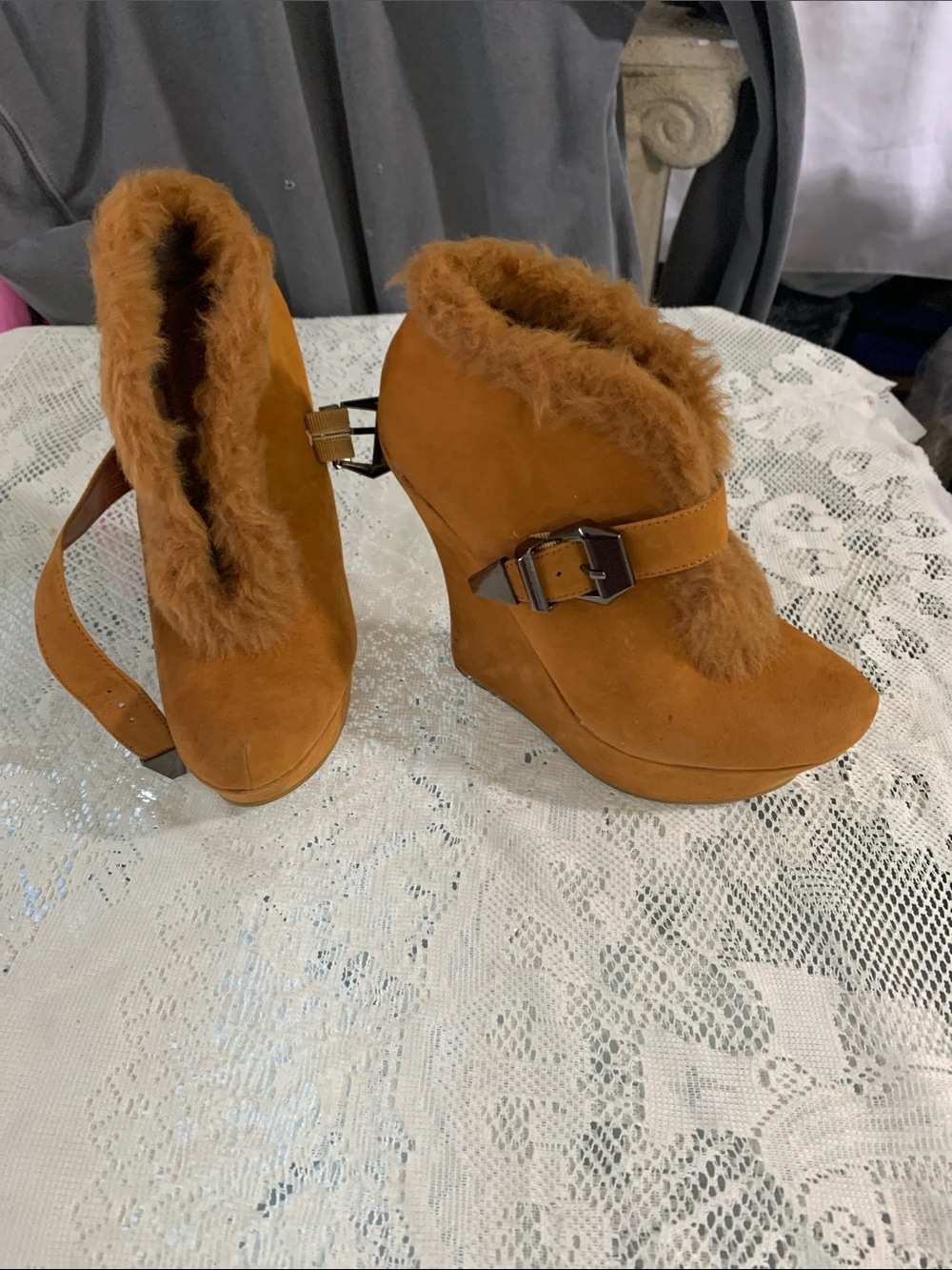 Faux Fur Trim Wedge Booties in Cognac Tan with Buckle Detail